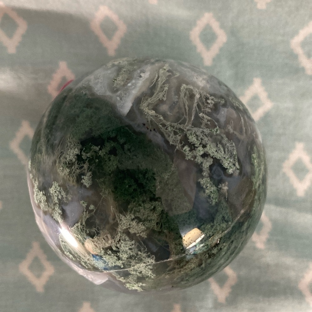 Green Moss Agate Sphere with druzy. Lots of moss, blues and crystals. Sparkly